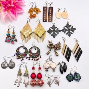 16 Pair Vintage To Now Earring Lot Tribal Ethnic Costume Jewelry Wear Or Resell